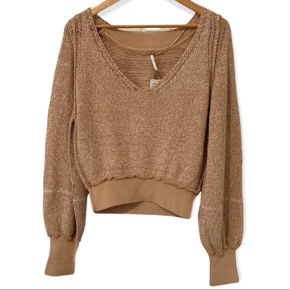 Free People Beige Pink Sand Combo Textured Long Sleeve V Neck Sweater - Picture 3 of 12